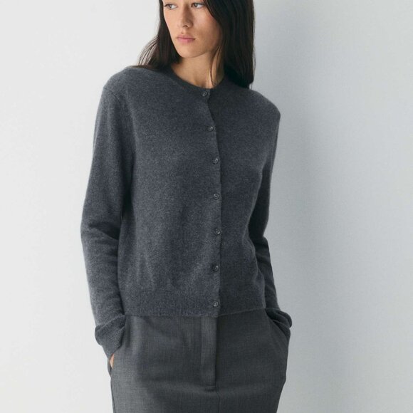 Aritzia Sweaters - Aritzia Bare Cashmere Crew Cardigan Sweater - Small, Heather Grey Charcoal